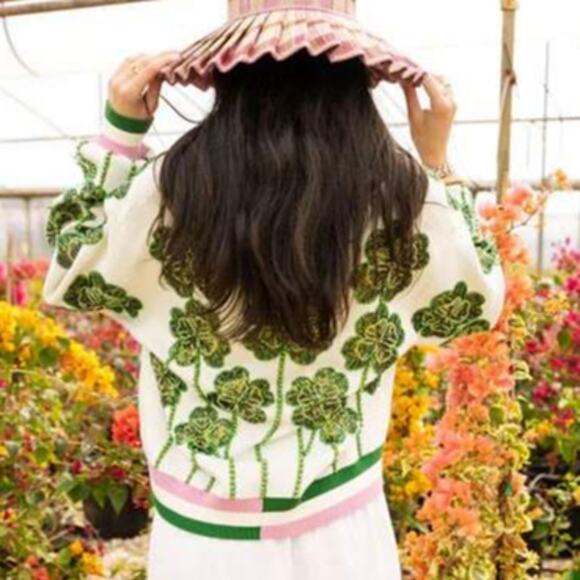 Queen Of Sparkles White, Green & Pink Stripe Beaded Shamrock Cardigan L - Picture 4 of 7